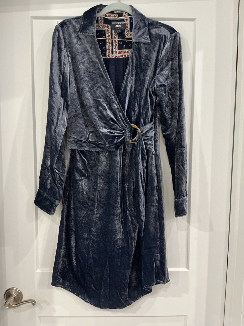 Anthropologie Velvet Wrap Dress in Steel Blue with Ring Detail Womens size 12